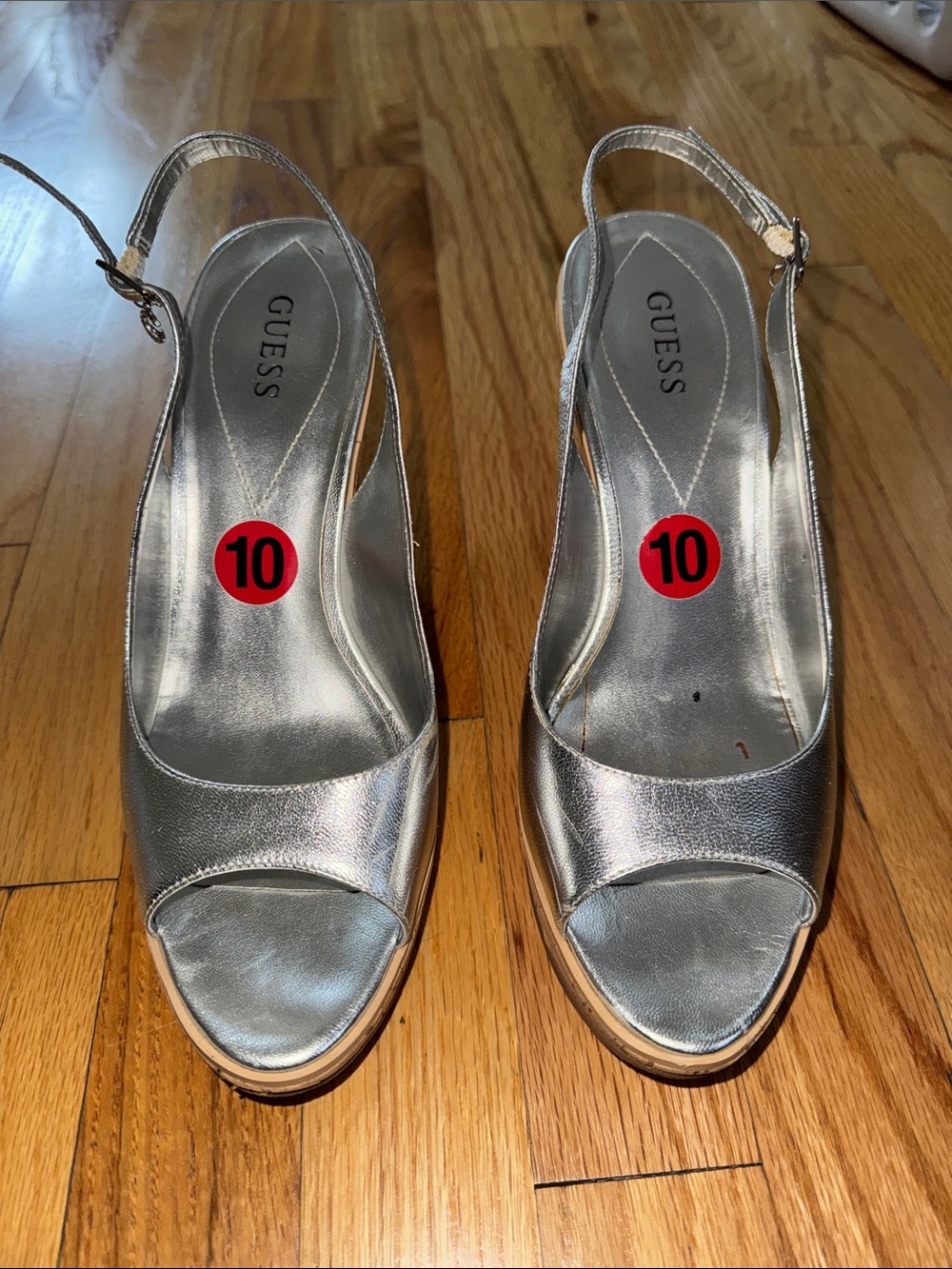 GUESS Metallic Silver Peep-Toe Slingback Heels Sz 10